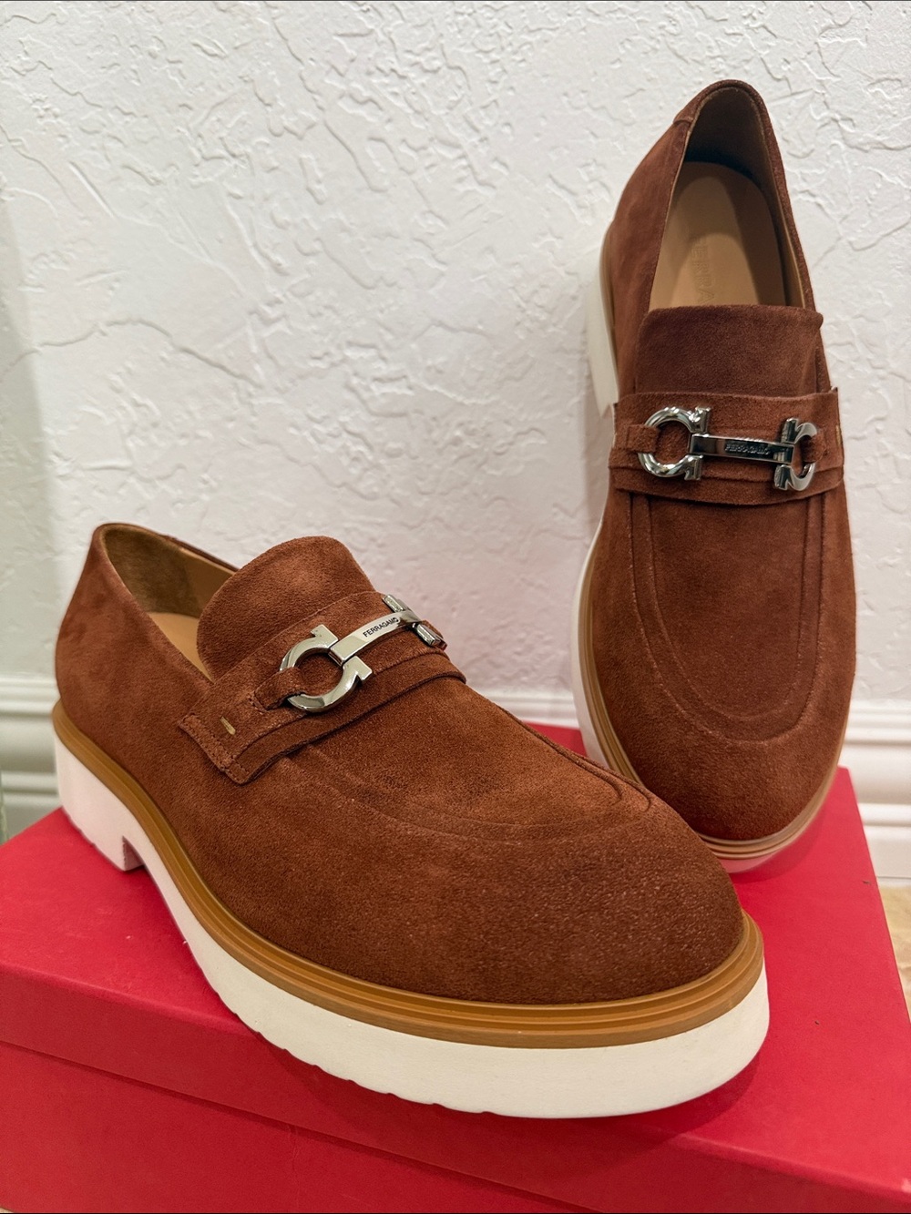 Salvatore Ferragamo Chestnut Suede Bit Platform Loafers